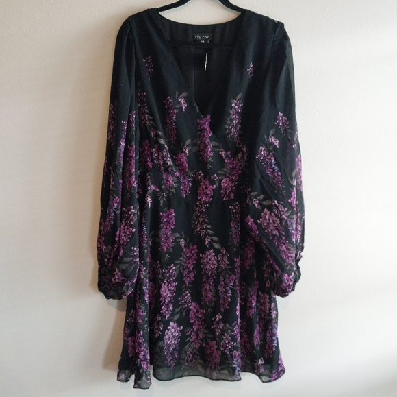 City Chic Dresses & Skirts - City Chic Black & Purple Floral Print Faux Wrap Balloon Sleeve Midi Dress NWT